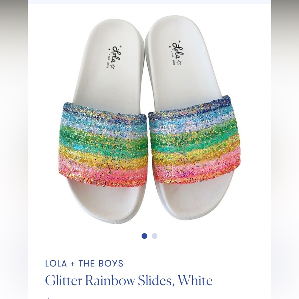 LOLA + THE BOYS Glitter Rainbow Slides, White
